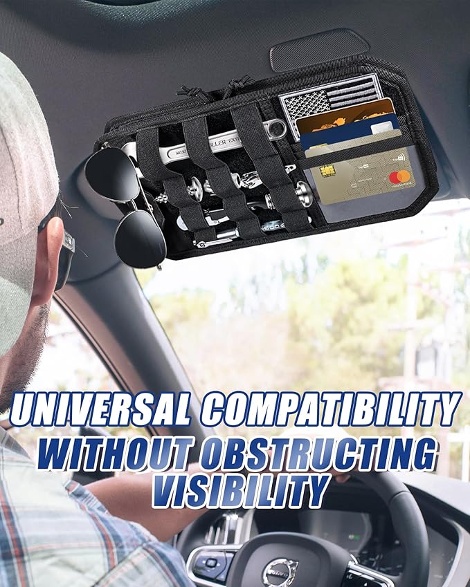 Heavy Duty Molle Car Sun Visor Organizer Tactical Pounch with Flag and Glasses Clip Store Your Daily Items for Most Cars, Trucks, SUVs, Compacts, 12.8"x6.9"x1.2"