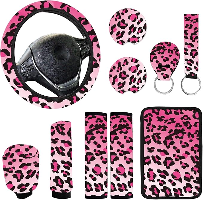 10 Pieces Leopard Print Printing Car Steering Wheel Cover Center Console Armrest Pad Headrest Seat Belt Cover Handbrake Cover Keychain Coaster Full Set Car SUV(Pink)