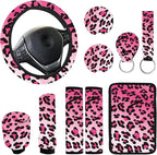 10 Pieces Leopard Print Printing Car Steering Wheel Cover Center Console Armrest Pad Headrest Seat Belt Cover Handbrake Cover Keychain Coaster Full Set Car SUV(Pink)