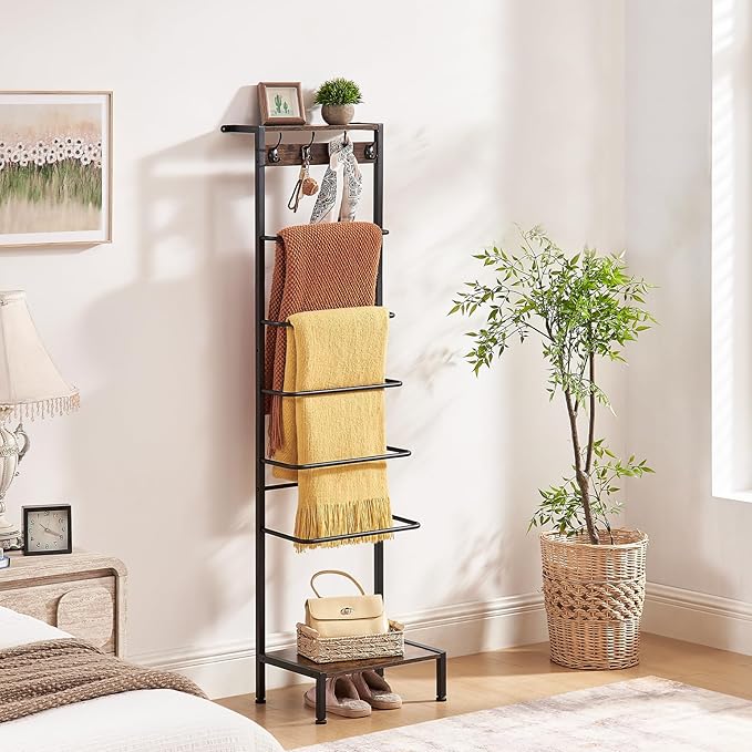 DGWJSU 7 Tier Blanket Ladder for The Living Room and Bedroom, 5.12 Ft Farmhouse Ladder Shelf with 2-Tier Storage Rack, Decora
