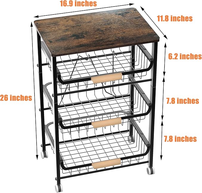 NiuYichee 4-Layer Fruit Basket Kitchen Food Organizer and Rack, Stackable Storage Cart with Desktop, Pull-Out Hollow Metal Ba