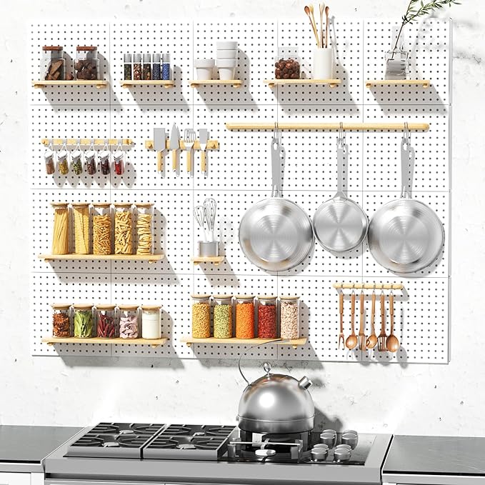 Peg Board, 6PCS Metal Pegboard, Heavy Duty pegboard Wall Organizer with Frame. White pegboard for Walls, Garage, Workbench, C