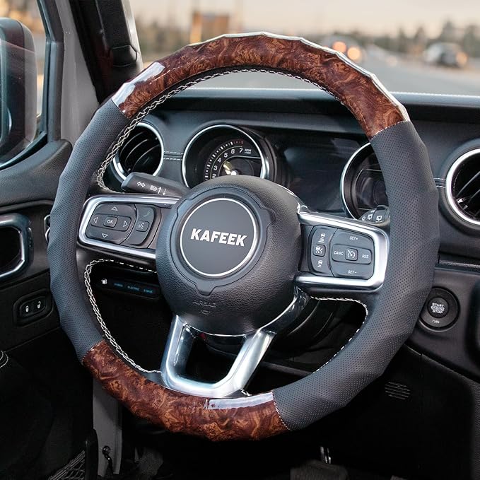 KAFEEK Wood Grain Steering Wheel Cover, Universal 15 Inch, Car Steering Wheel Protector Men Women, Comfort Finger Grips, Brea