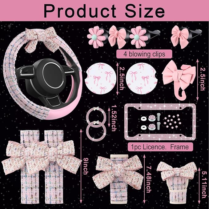BBTO 42 Pcs Pink Bow Car Accessories Set for Women Pink Steering Wheel Cover Bow Hook Car Coaster Air Vent Clip Seat Belt Covers Diamond Rings Sticker Coquette Cute Gifts