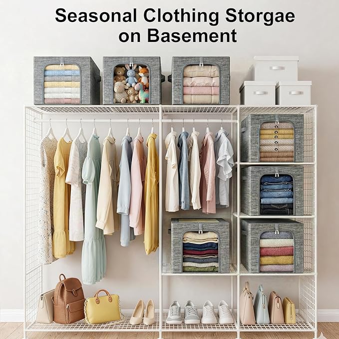 GoMaihe Clothes Storage Bin with Metal Frame: 6-Pack Stackable Closet Storage Bin with Lid & Clear Window, Sweater Boxes Stor