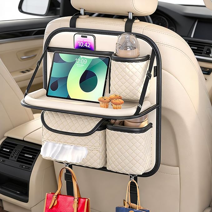 Car Seat Organizer, Backseat Organizer with Foldable Table Tray & Cup Holder, Leather Car Storage for Kids, Women & Mobile Makeup Station, Road Trip Essentials for SUV, Truck, Car (Beige)