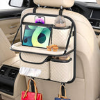 Car Seat Organizer, Backseat Organizer with Foldable Table Tray & Cup Holder, Leather Car Storage for Kids, Women & Mobile Makeup Station, Road Trip Essentials for SUV, Truck, Car (Beige)
