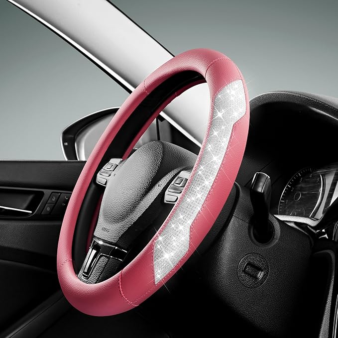 PIC AUTO Steering Wheel Cover, Sparkly Crystal Bling Glitter with Hot Pink Leather, Universal Fit 14.5"-15.5" Car Steering Wh