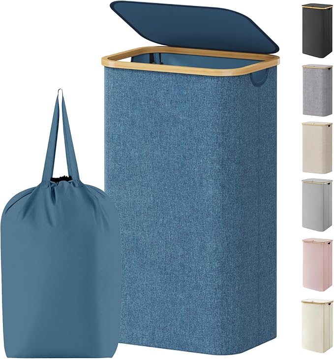 Lifewit 100L Laundry Basket with Lid, Clothes Hampers for Laundry with Bamboo Handles and 1 Removable Bag, Large Foldable Lau