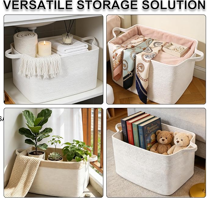 96L Large Blanket Basket,24"x16"x15"Rectangle Storage Bin with Handles,Woven Rope Laundry Basket for Toys, Clothes,Magazines,