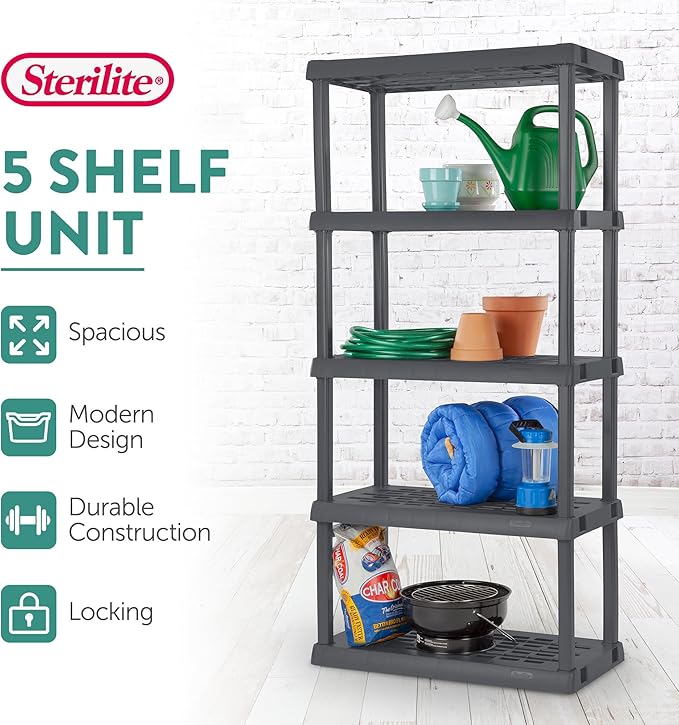 Sterilite 5 Shelf Unit, Heavy-Duty Shelving Storage Rack for Home and Garage, Gray - Multipurpose Plastic Organizer Shelves f
