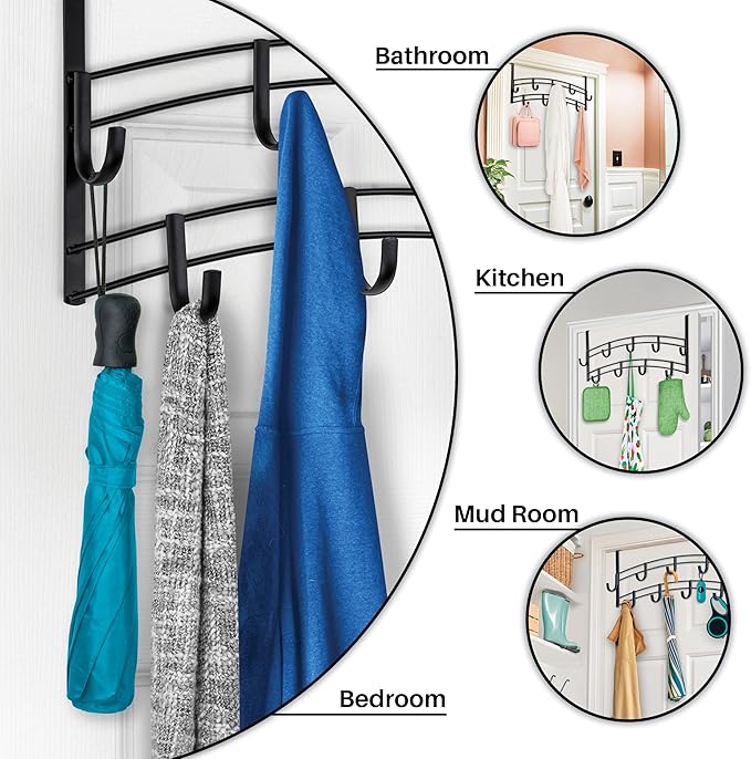 LYNK Professional® Home™ Over Door Hooks Rack - 9 Hook Over Door Hanger - Over Door Towel Rack - Hanging Towels or Clothes - 
