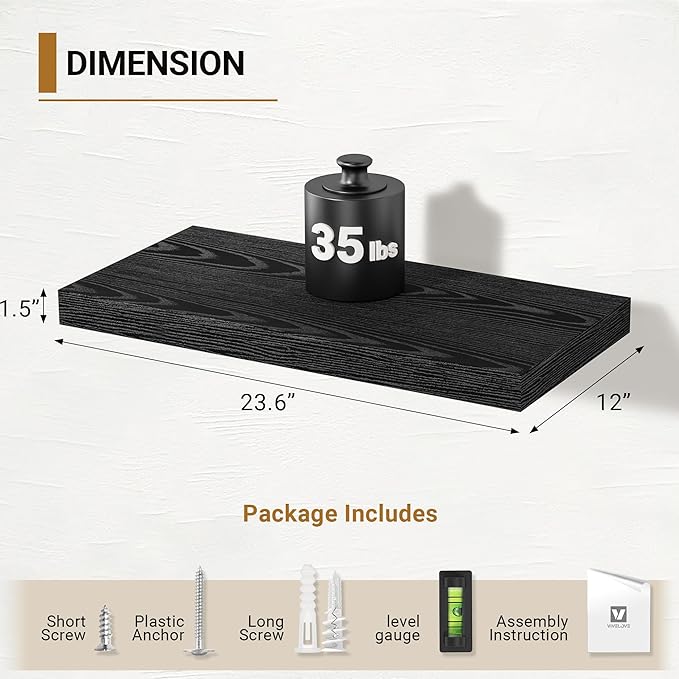 Vivelove Black Floating Shelves 24 Inches Wide, 12" Deep Wall Shelves for Bedroom, Bathroom, Living Room, Kitchen, Office, Ru