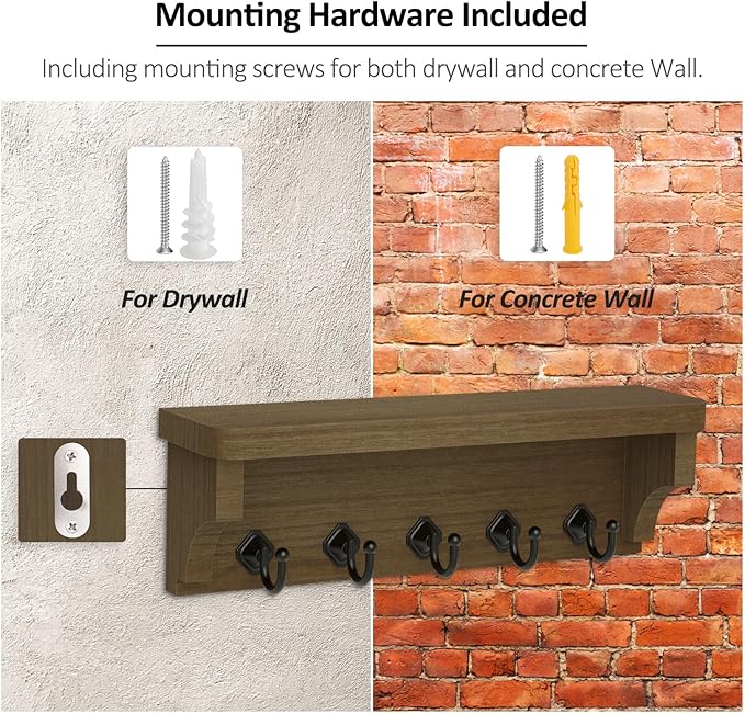 Nekon Key Holder for Wall, 11.8" W x 3.5" H x 2.8" D Decorative Key Organizer with Floating Shelf, Wall Mount Key Rack with 5