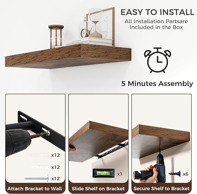 Floating Shelves for Wall, 30" W x 12" D x 2" H, 2 Pack of Long Wall Mounted Engineered Wood Shelves with Invisible Brackets 