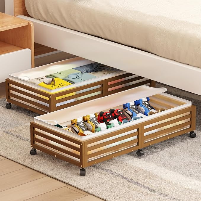 Under Bed Storage Containers With Wheels - 2 Pcs Large Bamboo Wood Rolling Underbed Shoe Storage Bins With Dust Bags for Clot
