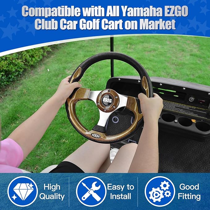 NOKINS 12.5" Universal Golf Cart Steering Wheel, Fit EZGO TXT/RXV/Club Car DS/Precedent/Yamaha, Most Golf Carts (Wood)