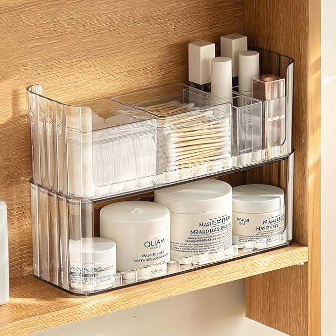 PAVSTINE 2-Tier Stackable Medicine Cabinet Organizer, Narrow Bathroom Makeup Organizer with Lipstick Holders & Cotton Swab Ca