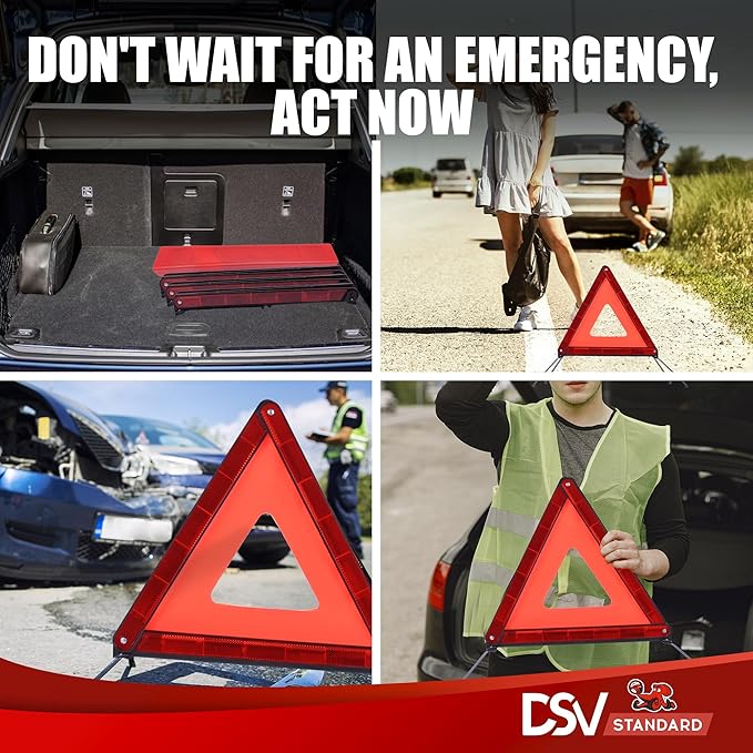 DSV Standard Emergency Triangles, Warning Triangles for Vehicles, Reflective Triangle, Safety Triangles with Case for Vehicle