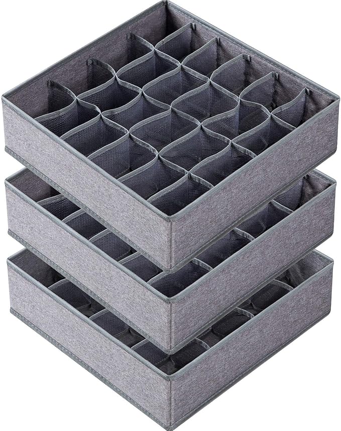 Criusia 3 Pack Sock Underwear Drawer Organizer Dividers, 64 Cell Fabric Foldable Dresser Organizer for Closet Organizers and 