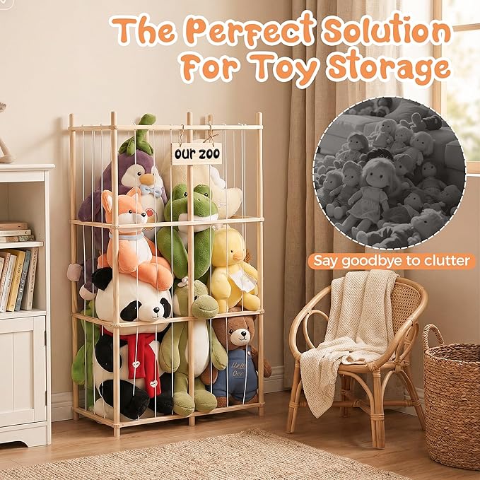 LAMU Stuffed Animal Storage, Wooden Zoo Stuffed Animal Holder with Elastic Cords, Space Save Plush Toy Cage, Double Capacity 
