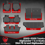Floor Mats & Cargo Liner for 2020-2025 2026 Toyota Highlander 7&8 Seats (Hybrid&Gas), Full Set All Weather Protection 1st,2nd,3rd Row Car Liners,Backrest Mat & Trunk Mat,Black