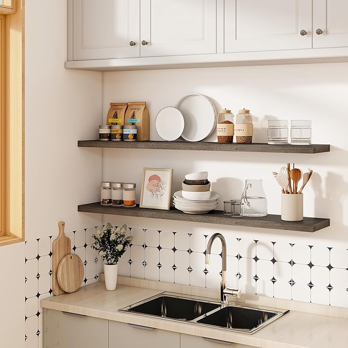 Vivelove Elm Wood Floating Shelves, Wooden Shelves for Wall with Invisible Bracket for Living Room Bedroom Bathroom Office Bo