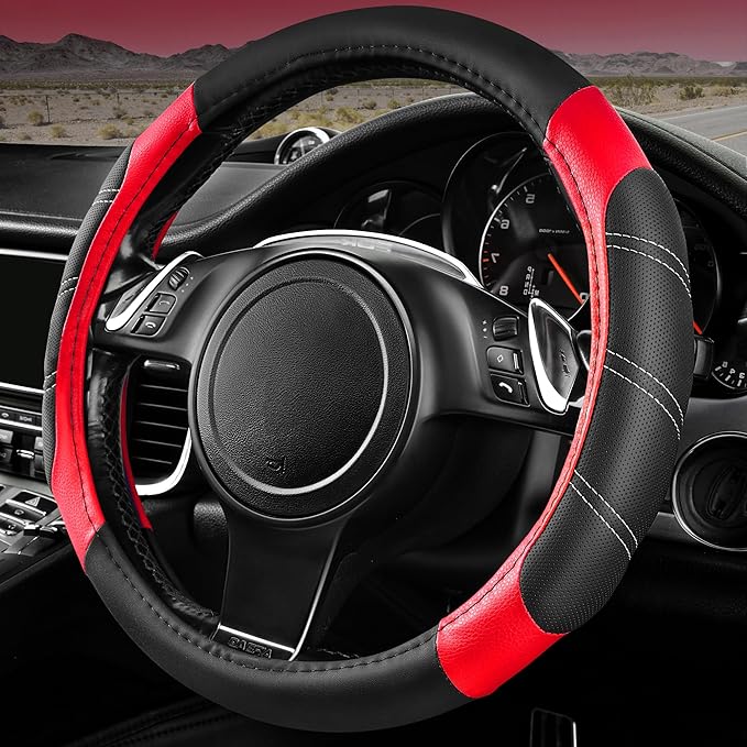 CAR PASS Line Rider Microfiber Leather Sporty Steering Wheel Cover Universal Fits for 95% Truck,SUV,Cars,14.5-15inch Anti-Sli