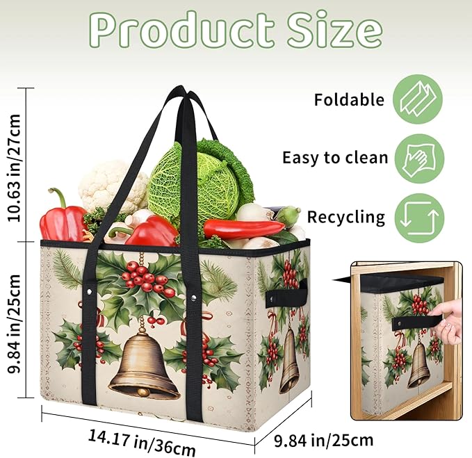 Reusable Grocery Bags Heavy Duty Shopping Bags Foldable Large Tote Bags with Long Handles & Hard Bottom