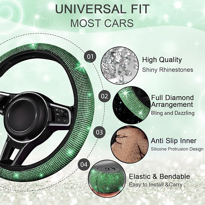 NBTEPEM Bling Car Floor Mats Full Set and Steering Wheel Cover, Universal Fit Most Cars, 4 pcs Sparkle Glitter Diamond Carpet, 5 pcs Bling Car Accessories Set for Women (Green Diamond)