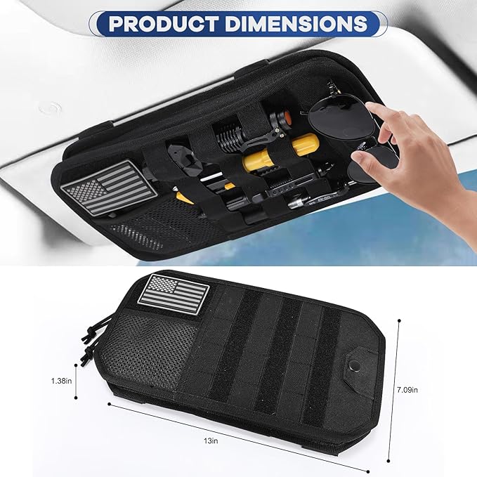 Denchy Molle Car Sun Visor Organizer with Zipper Storage Pouch and Sunglasses Holder Clip, Tactical Sunvisor Organizers for Trucks, Universal Molle Panel Accessories for Truck SUV Police Car Gear
