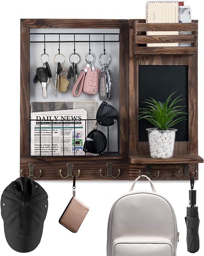 Key Holder for Wall, Mail Organizer Wall Mount with 5 Hooks and Shelf, Home Decorative with 5 Double Hooks and Chalkboard for