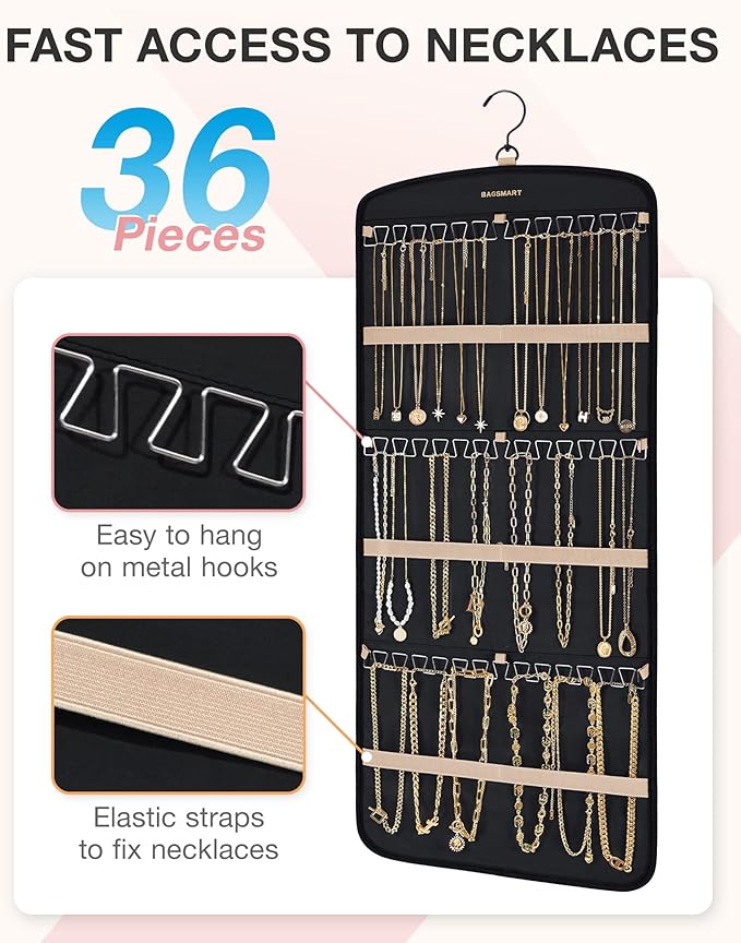 BAGSMART Hanging Jewelry Organizer, Necklace Holder Anti-tangle Earrings Rings Hanger with 20 Jewelry Bags Travel Storage Rol