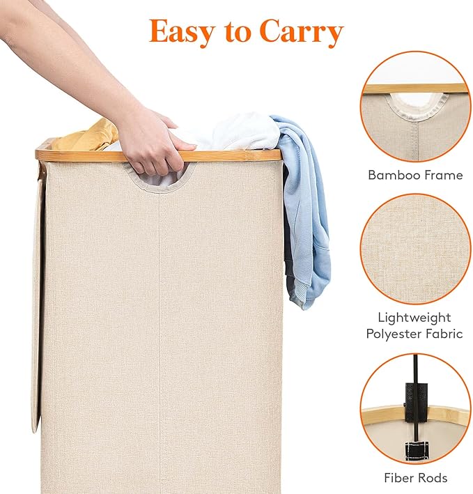 Lifewit 120L Laundry Basket with Lid, Clothes Hampers for Laundry with Bamboo Handles and 2 Removable Bag, Large Foldable Lau