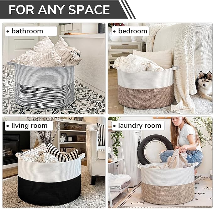 INDRESSME Large Cotton Rope Baskets for Storage, 21.7 x 13.8 Blanket Storage for Living Room Toy Baskets Kids, Baby Laundry B