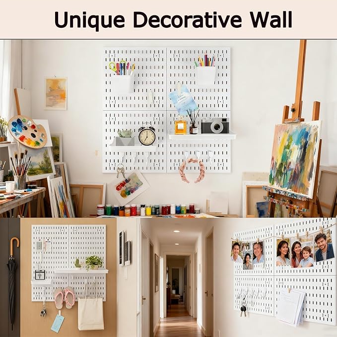 PSLER White Peg Board 4pcs 12″×12″ White Peg Board Organizer with Accessories &Hooks