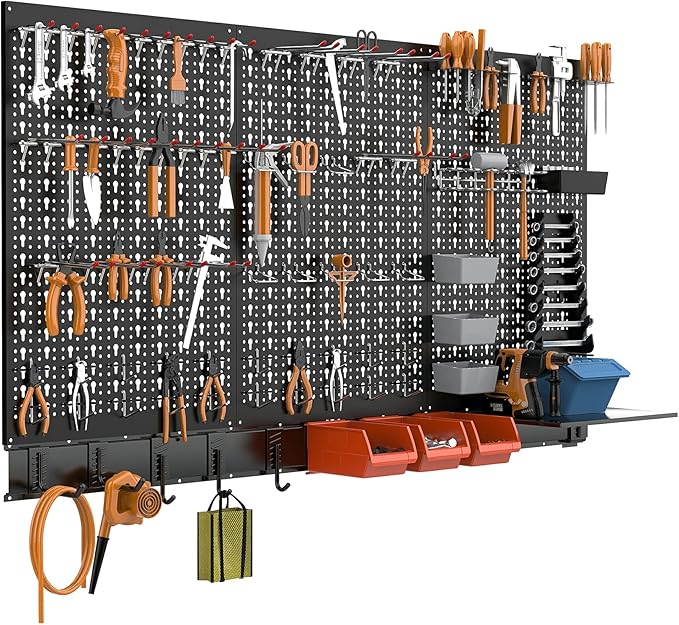 TORACK Metal Pegboard Wall Organizer System for Garage, 109PCS Kit with Pegboard Bins, Hooks, Peg Locks, Black Steel