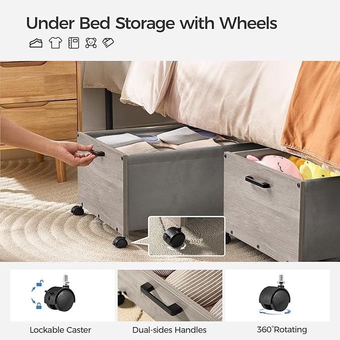 Under Bed Storage with Wheels, Wooden Under Bed Drawers On Wheels, Rolling Under Bed Shoe Storage, Space Saving,Grey,70L