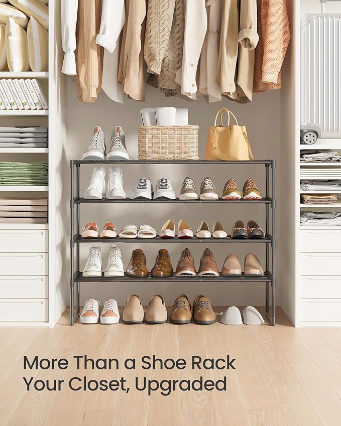 SONGMICS Shoe Rack, 4-Tier Shoe Organizer, Metal Storage Shelf, Upright or Upside Down, for 20-25 Pairs, Stackable, for Entry