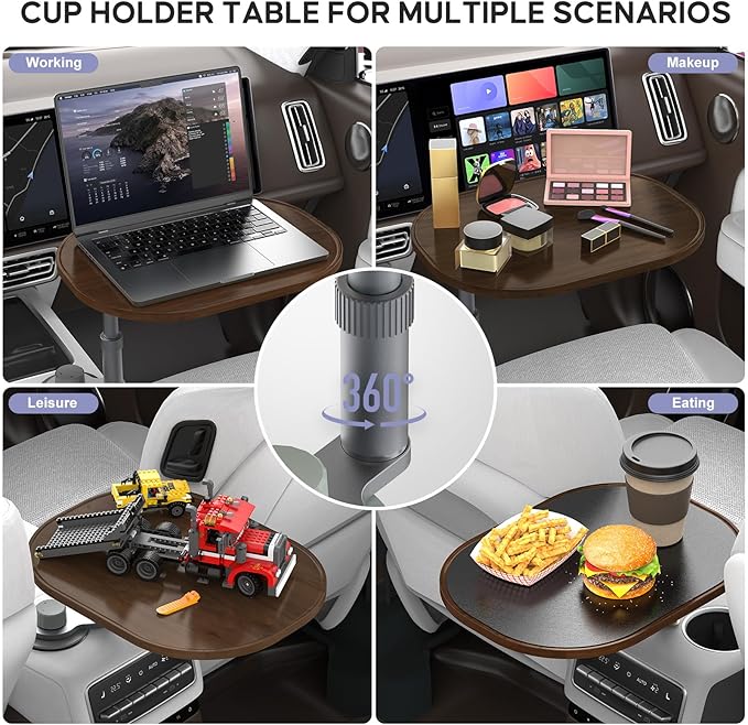 Car Desk Car Tray for Laptop & Food, Wood Cup Holder Table with Adjustable Height, Car Accessories for Women & Men 360° Rotatable Steering Wheel Tray for Tesla Model Y/3/S, Most Vehicles (Walnut-Oval)
