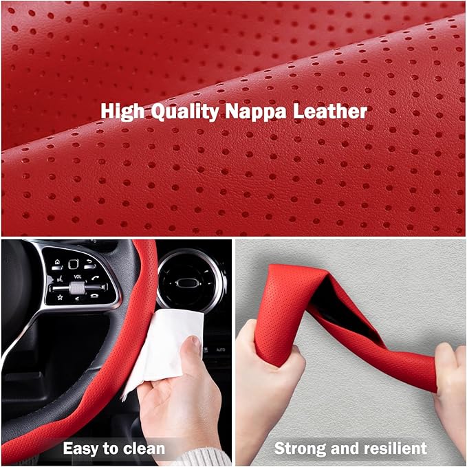 Nappa Leather Car Steering Wheel Cover for Men Women, Ultra-Thin Non-Slip Breathable Microfibre, Universal for 14.5"-15" Stee