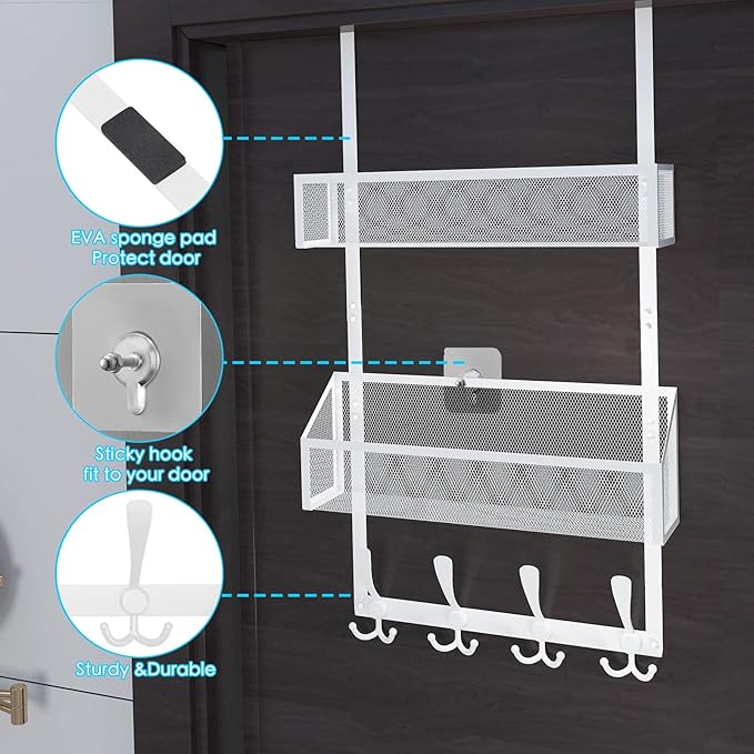 Kaiferty Over The Door Hooks Organizer, Coat Rack Over The Door Storage Hanger Towel Rack, Back of Door Storage Organizer for