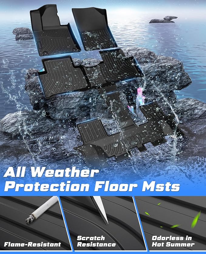 Sunsdrew Floor Mats for 2021-2025 2026 Kia Sorento Accessories (6/7 Seat, Not for Hybrid), All Weather Car Mats Front Rear 3 Rows Floor Liners TPE Rubber Raised Edge