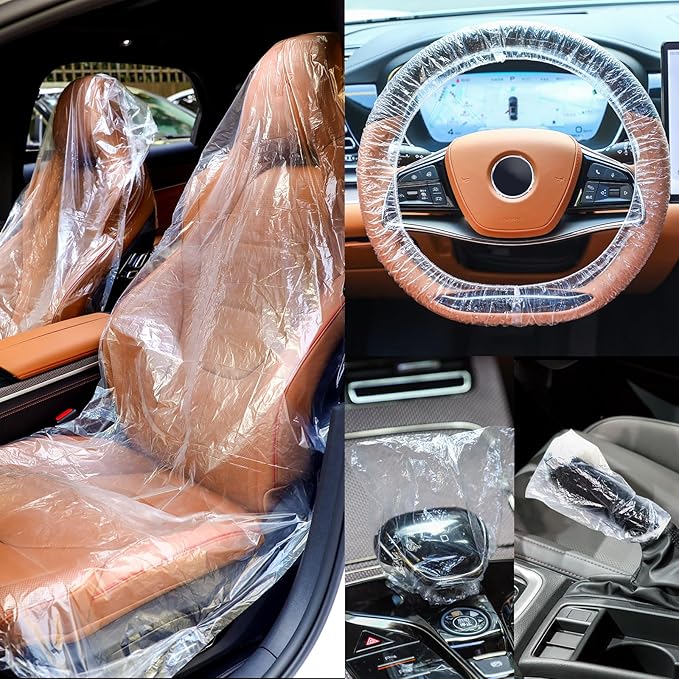 Tallew 250 Pcs Disposable Car Seat Covers Clear Plastic Car Seat Covers Protector Includes Wheel Covers, Gear Selector Covers