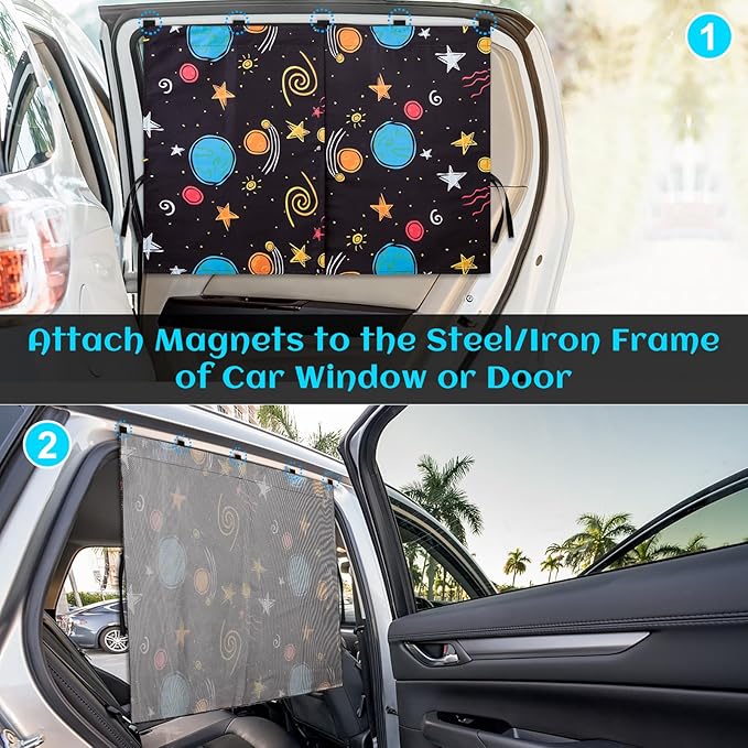 Car Window Shades, 2 Packs Magnetic Car Sun Shades for Baby, 2 Layers for Blackout/See Through Options Colorful Starry Pattern Side Window Curtain for Kids Heat/UV Blocker