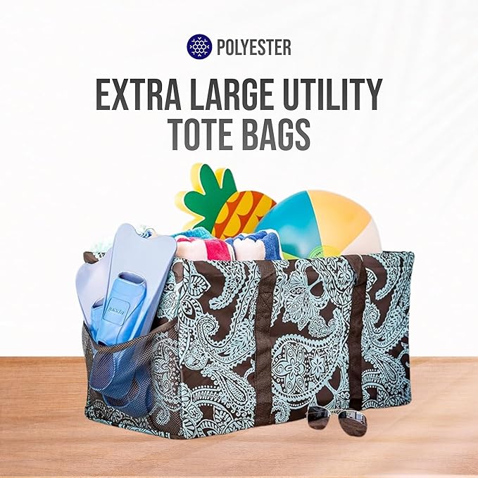 Extra Large Utility Tote Bag - Oversized Collapsible Reusable Wire Frame Rectangular Canvas Basket With Two Exterior Pockets For Beach, Pool, Laundry, Car Trunk, Storage - Paisley Blue