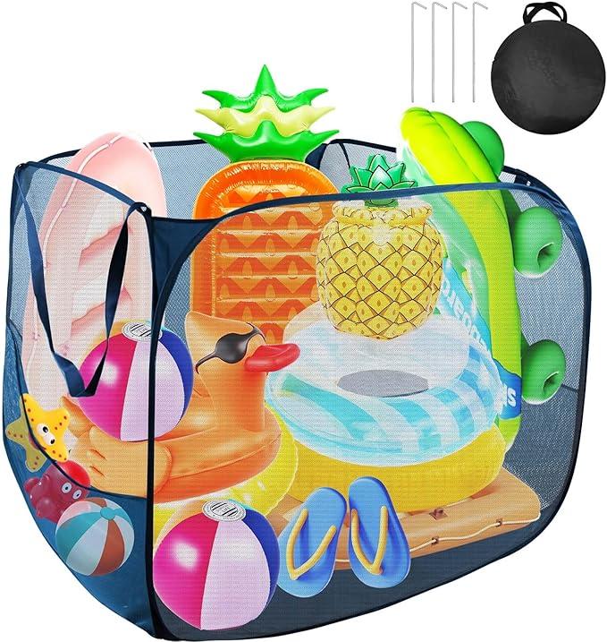Pop up Pool Toy Storage Bin,32"X32"X30"Pool Float Organizer Bag with 2 Side Pockets Mesh Swimming Pool Toys Organizer with 4 