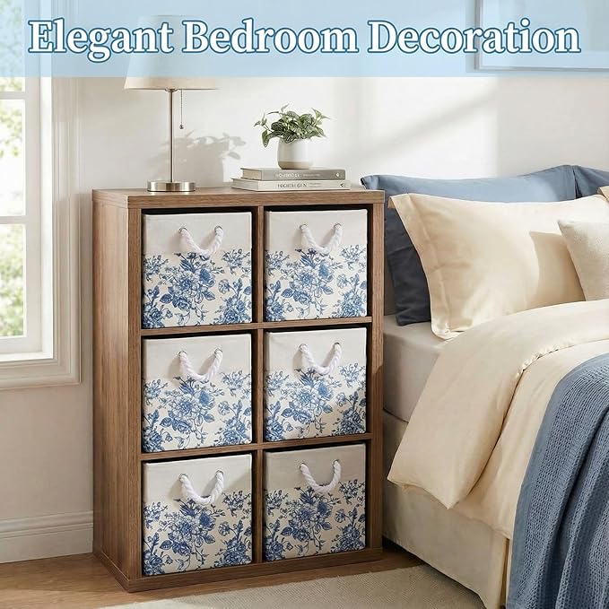 LemonRoad 6 Pcs Blue Floral Cube Storage Bins 11.22 Inch Square Storage Basket with Handle, Preppy Girls Organizer Basket, Co