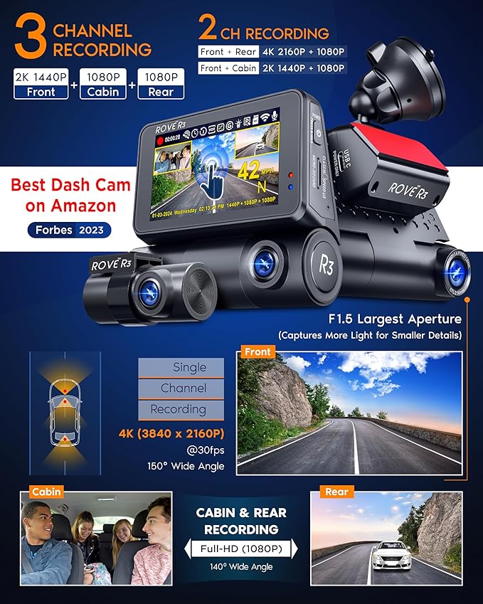 ROVE R3 Dash Cam Front and Rear with Cabin, 3” IPS Touch Screen, 3 Channel Dash Cam 1440P+1080P+1080P, IR Night Vision, 5GHz 