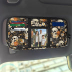 Skull Daisy Zippered Auto Car Sun Visor Organizer with Adjustable Straps and Multi-Pocket Car Sun Visor Storage Box with Picture Holder Easy Installation Universal Fit for Most Cars SUV